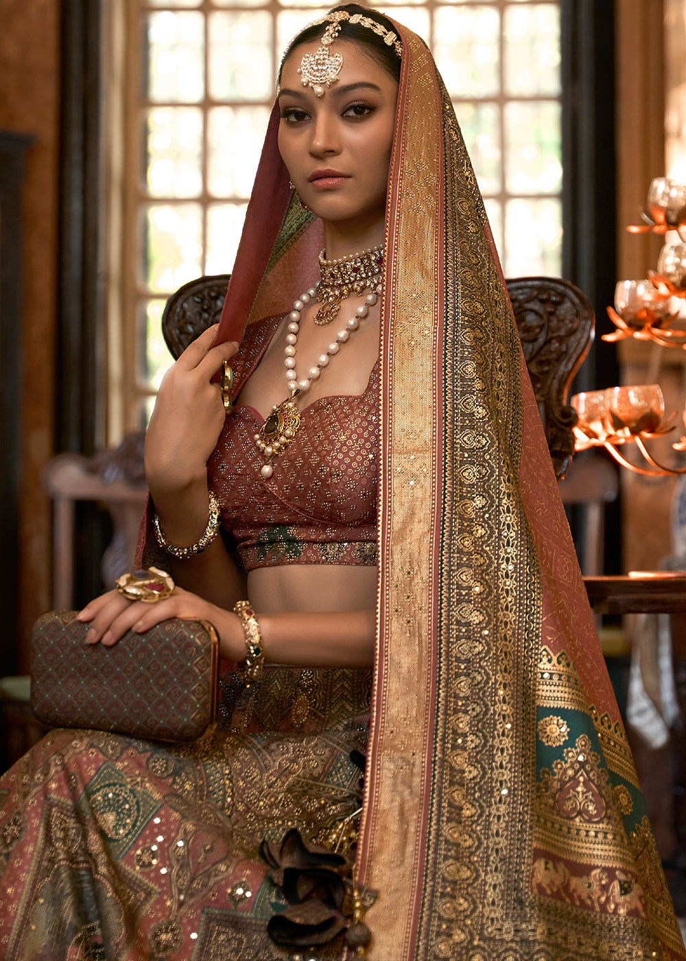 Brown & Green Ready to Wear Designer Silk Lehenga Choli with Sparkle & Mirror work | Ready To Wear - qivii