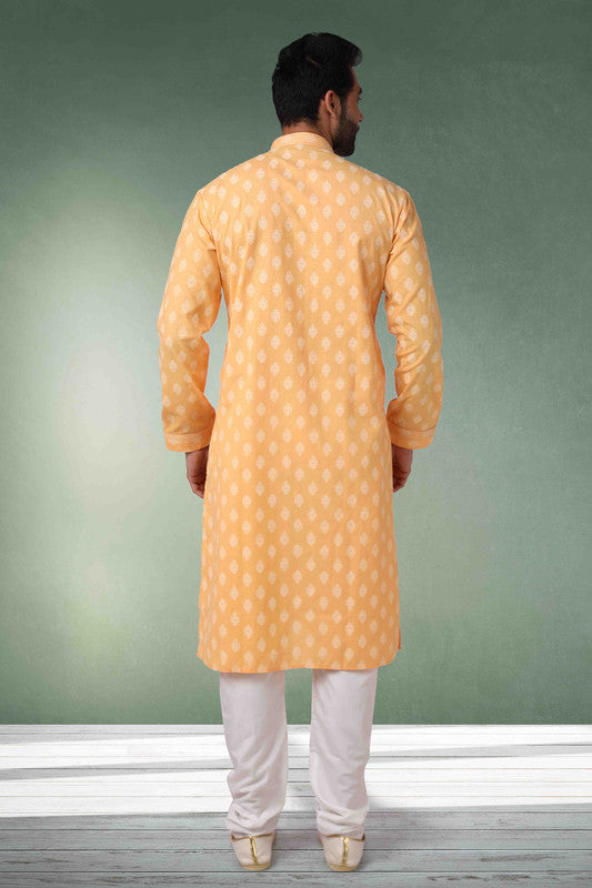Men's Cotton Printed Work Kurta Pajama In Peach Colour