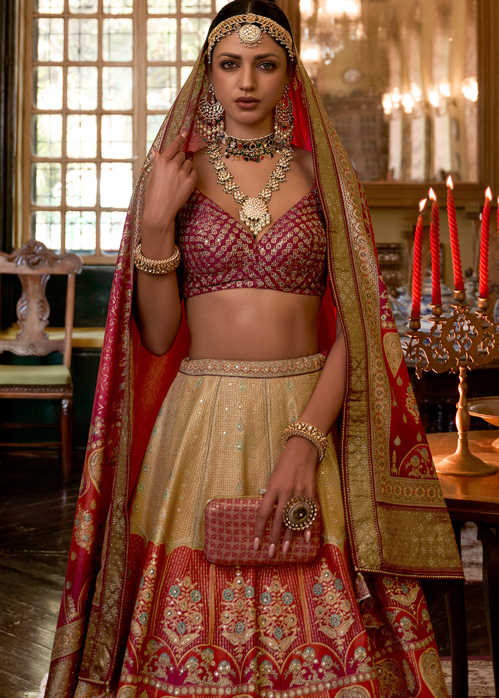 Pink & Golden Ready to Wear Designer Silk Lehenga Choli with Sparkle & Mirror work | Ready To Wear - qivii