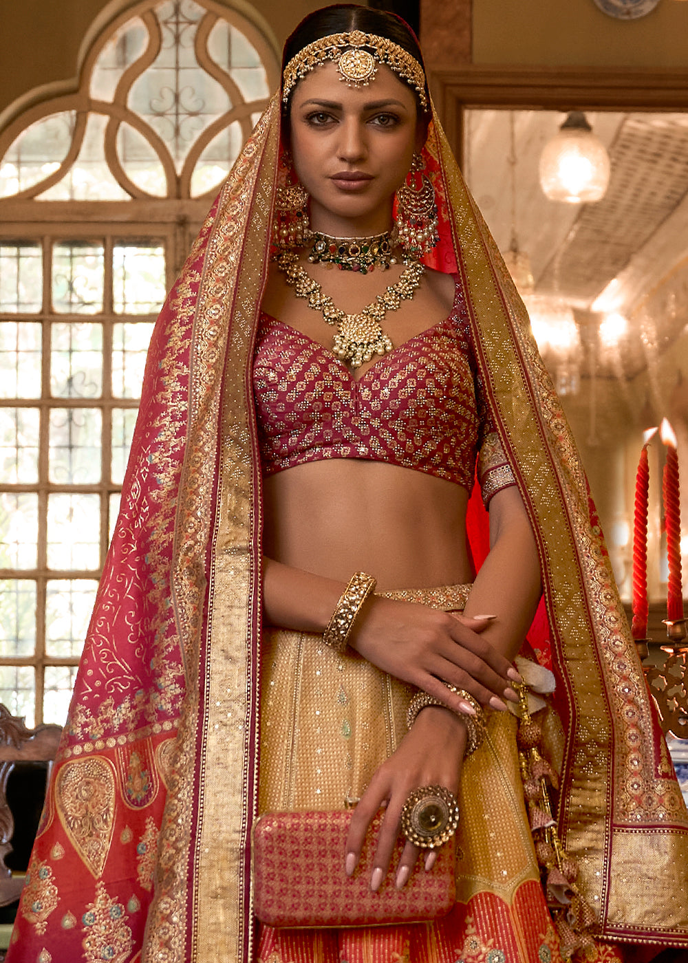 Pink & Golden Ready to Wear Designer Silk Lehenga Choli with Sparkle & Mirror work | Ready To Wear - qivii