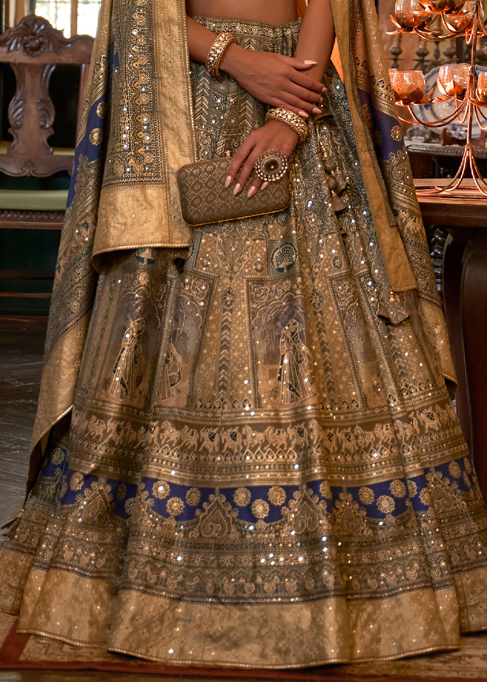 Blue & Golden Ready to Wear Designer Silk Lehenga Choli with Sparkle & Mirror work | Ready To Wear - qivii