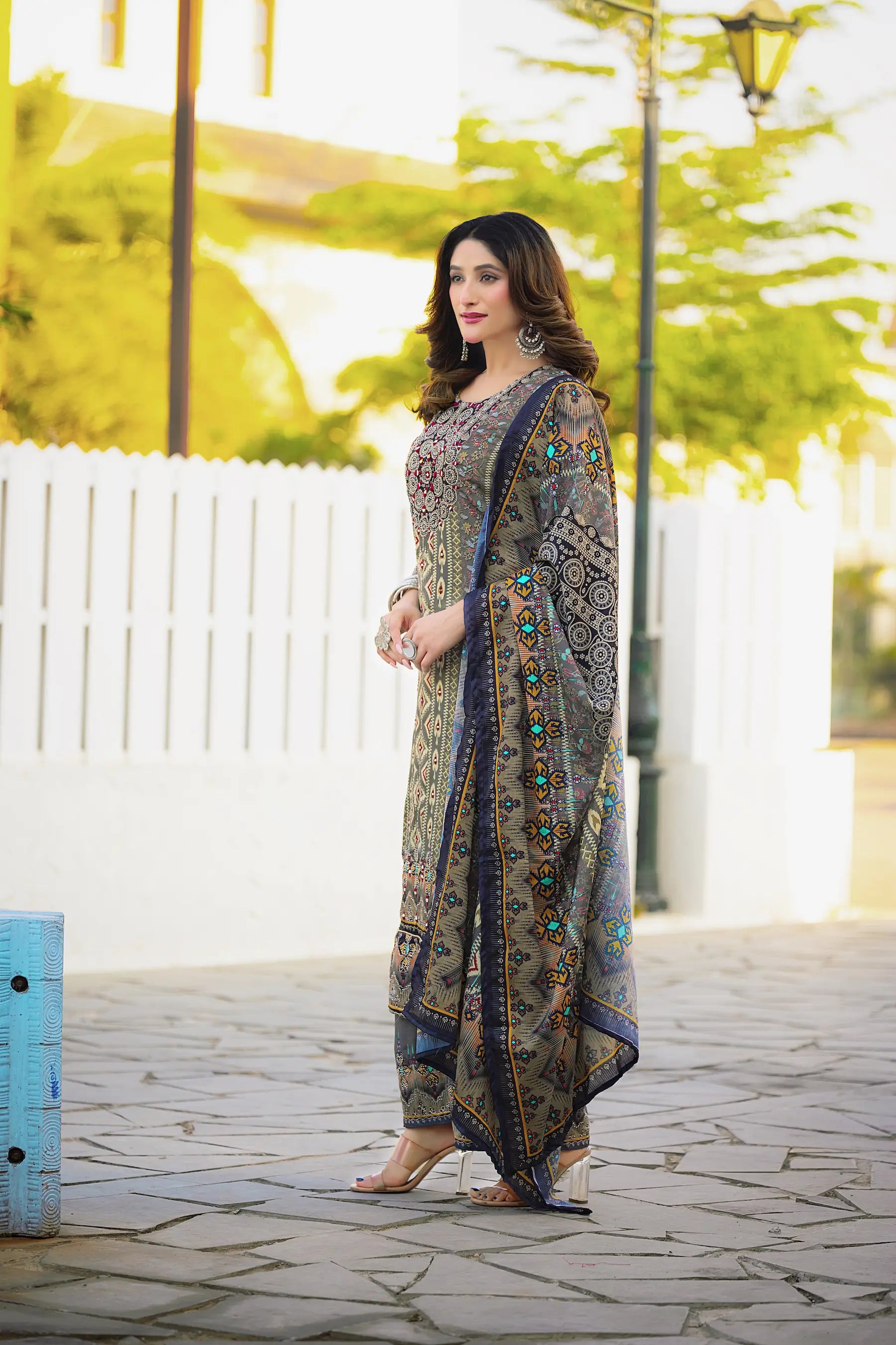 Olive Grey Chinon Handwork & Printed Salwar Suit - qivii