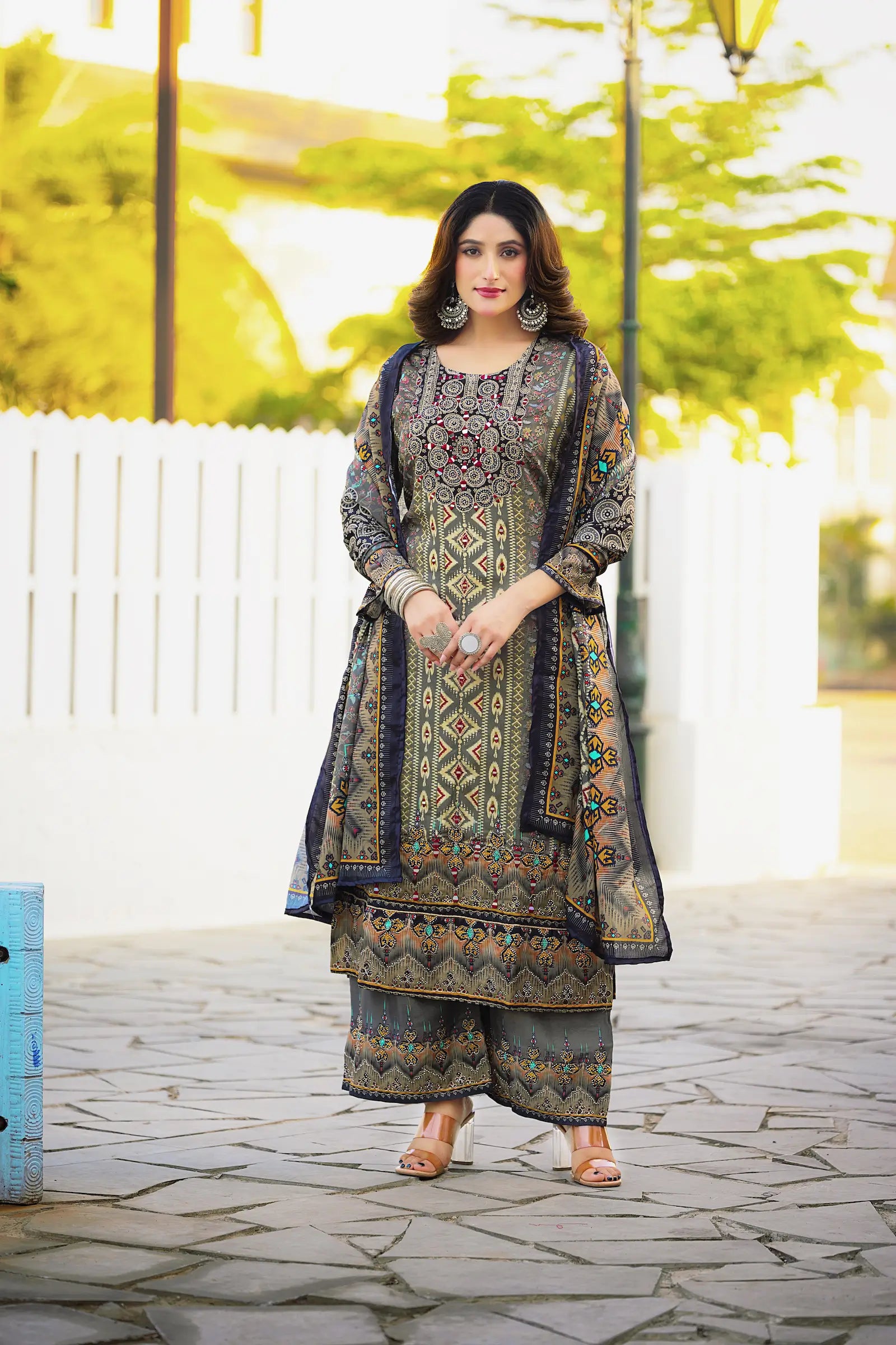 Olive Grey Chinon Handwork & Printed Salwar Suit - qivii