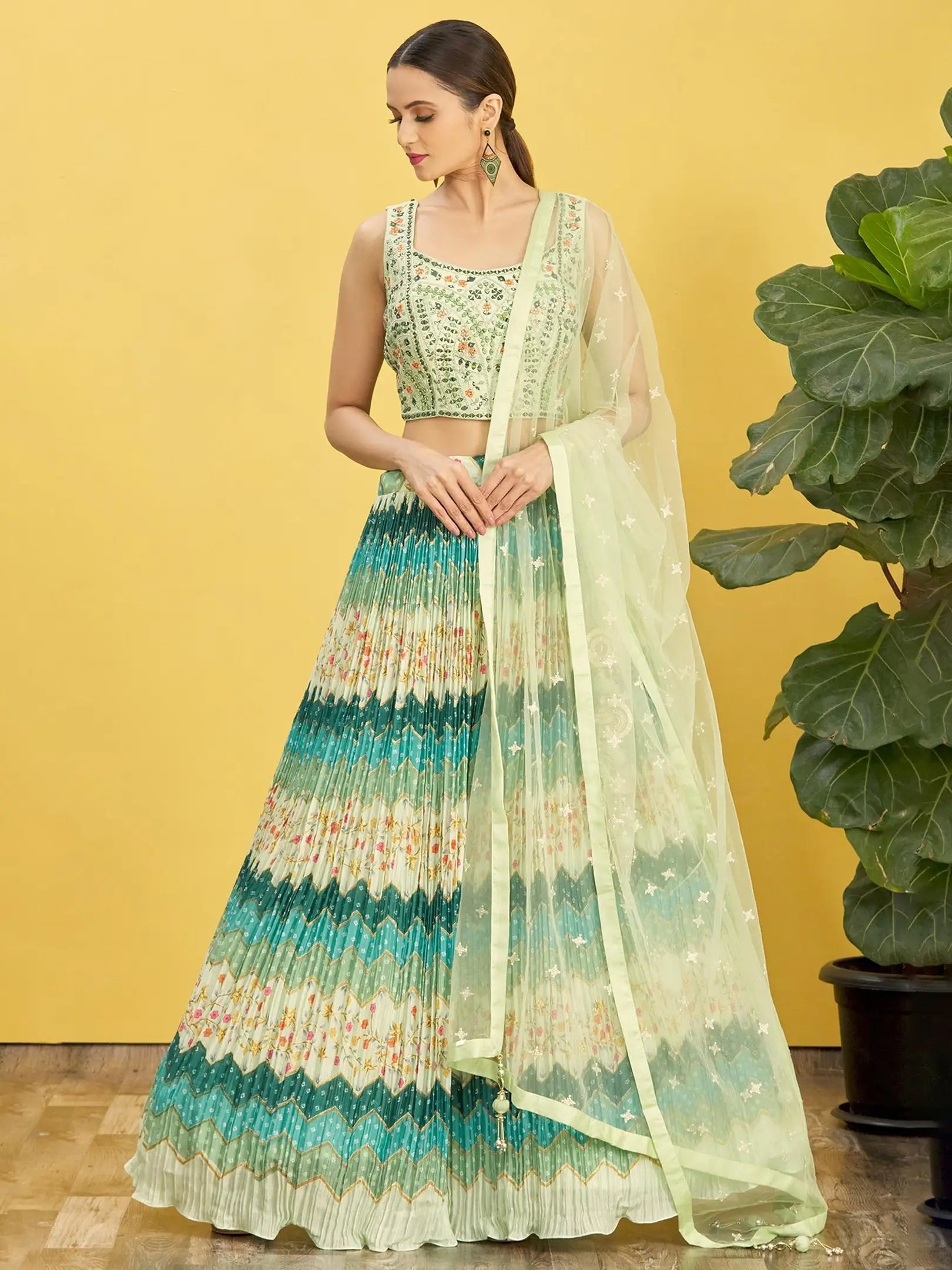 Pine Green Lehenga With Digital Print And Thread Zari Sequins Embroidery Real Mirror Work | Ready To Wear - qivii