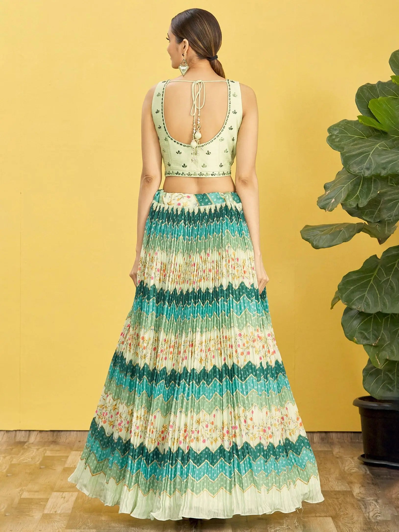Pine Green Lehenga With Digital Print And Thread Zari Sequins Embroidery Real Mirror Work | Ready To Wear - qivii