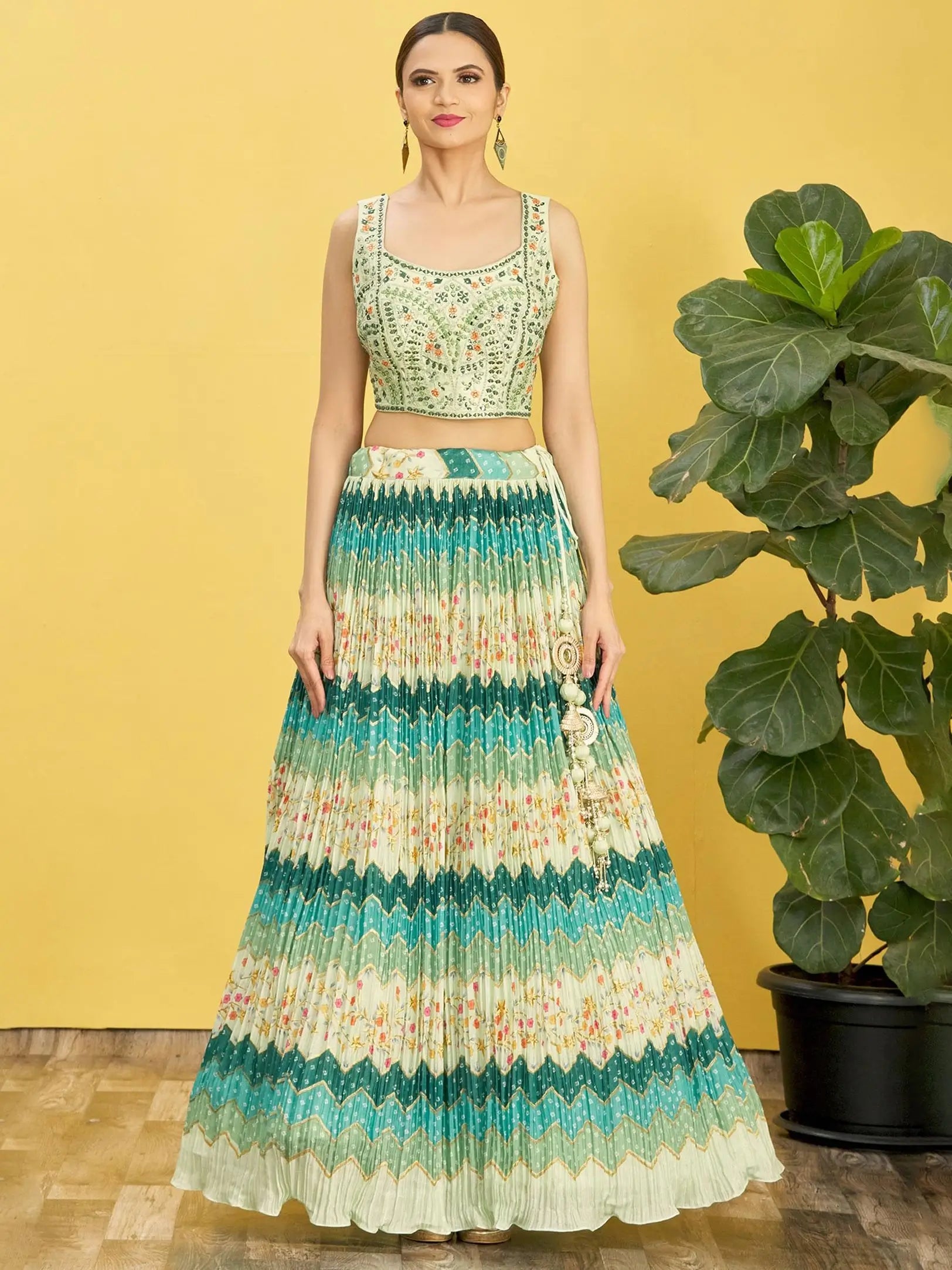 Pine Green Lehenga With Digital Print And Thread Zari Sequins Embroidery Real Mirror Work | Ready To Wear - qivii