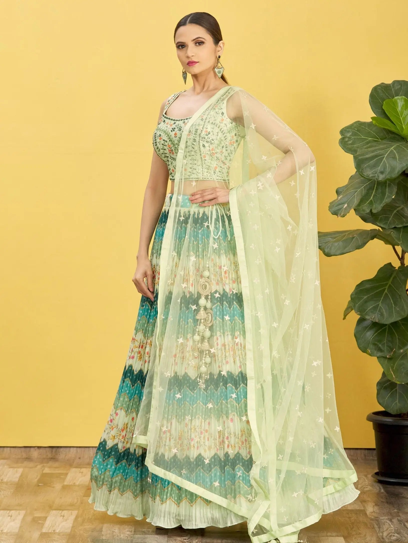 Pine Green Lehenga With Digital Print And Thread Zari Sequins Embroidery Real Mirror Work | Ready To Wear - qivii