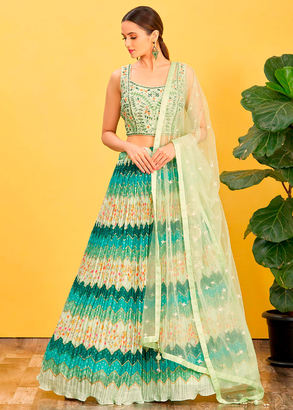 Shades Of Green Digital Printed Chinnon Lehenga with Thread,Zari & Sequins Work | Ready To Wear - qivii