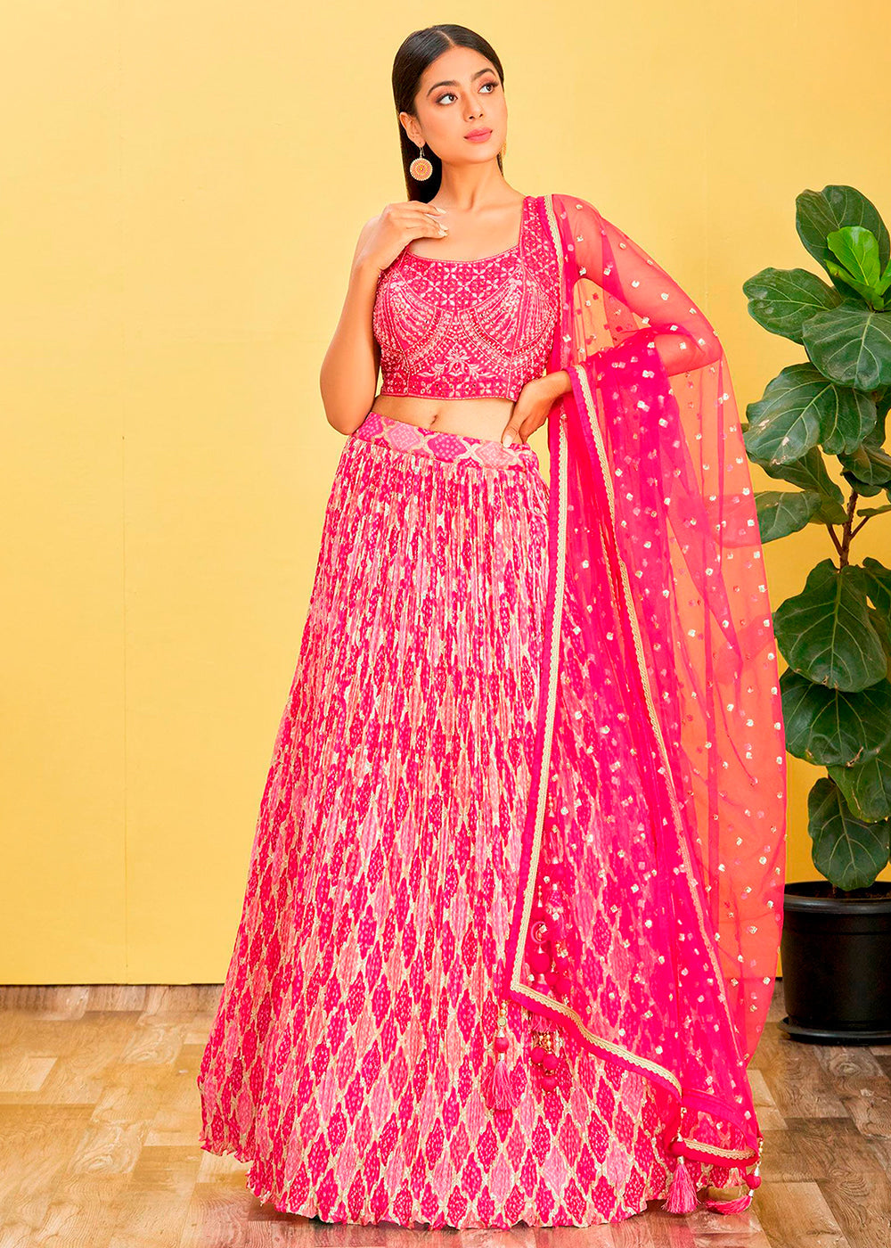 Hot Pink Digital Printed Chinnon Lehenga with Thread,Zari & Sequins Work | Ready To Wear - qivii