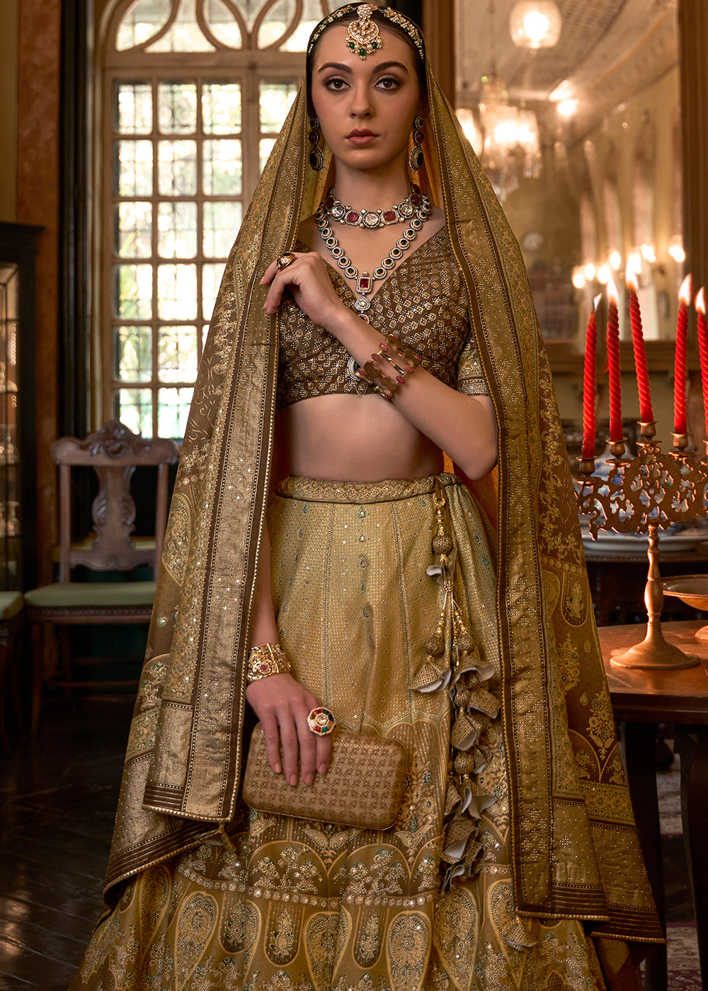 Green & Brown Ready to Wear Designer Silk Lehenga Choli with Sparkle & Mirror work | Ready To Wear - qivii