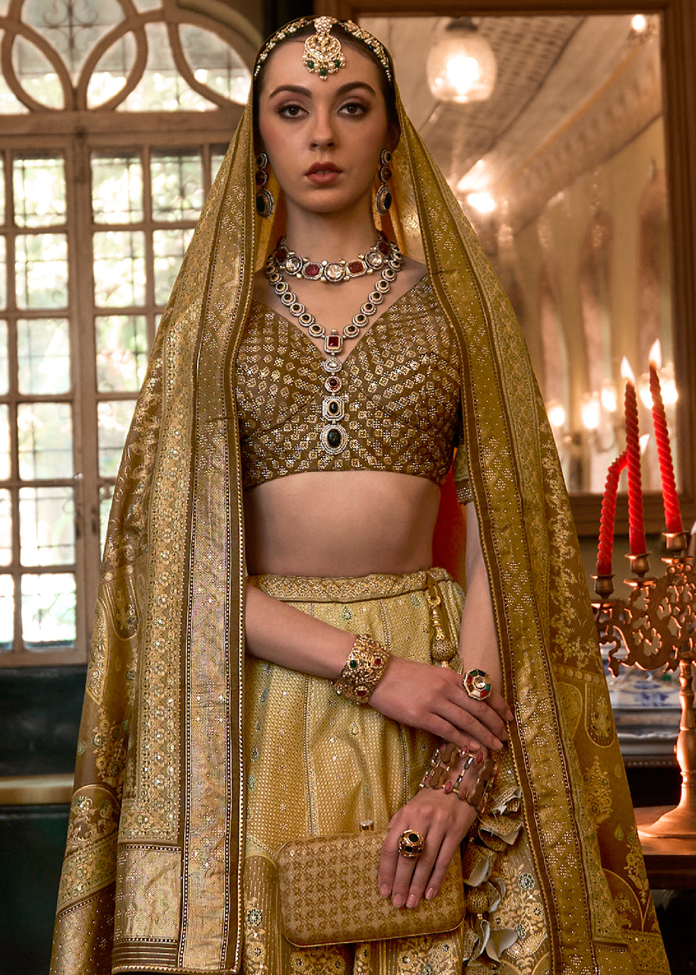 Green & Brown Ready to Wear Designer Silk Lehenga Choli with Sparkle & Mirror work | Ready To Wear - qivii
