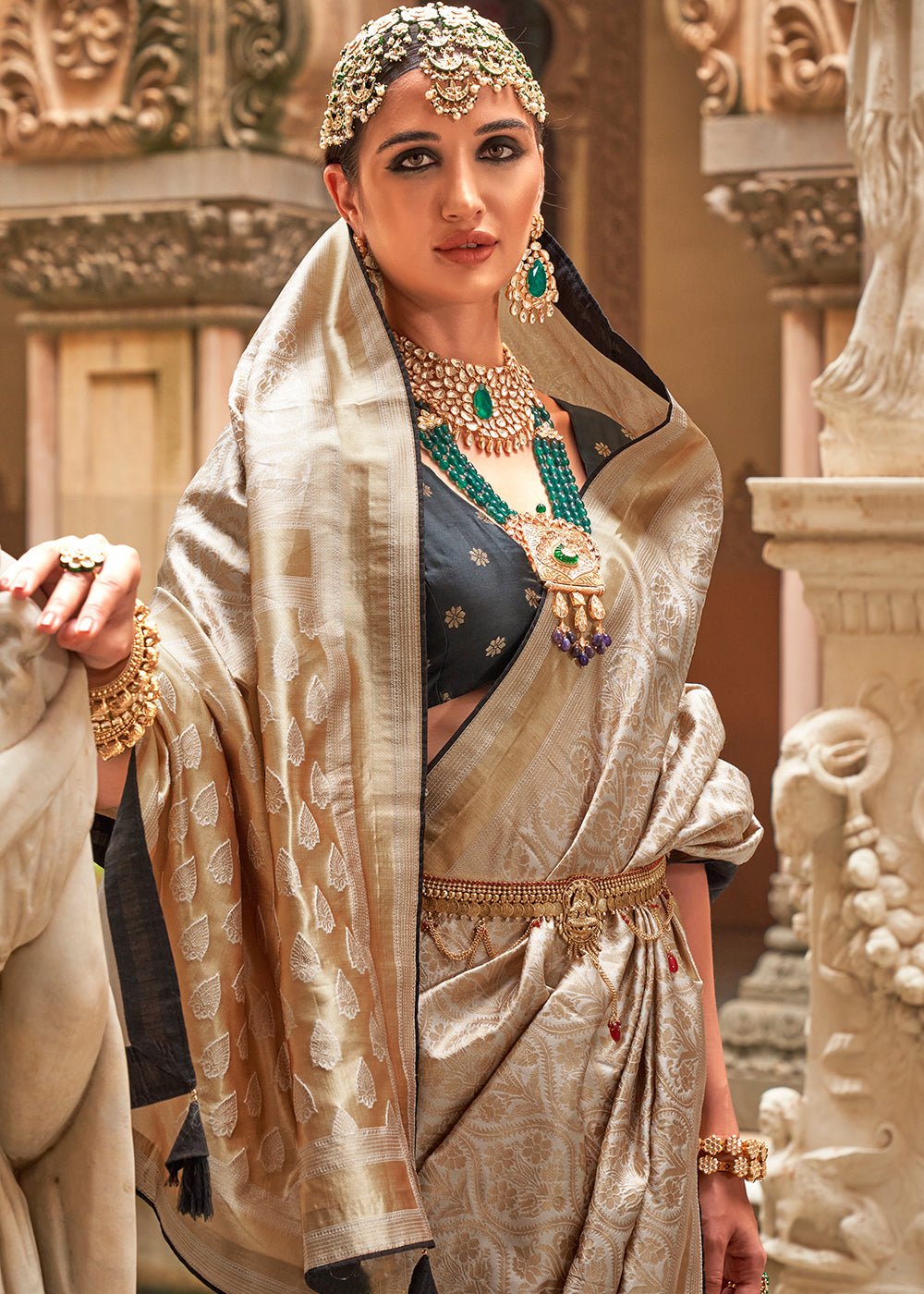 Beige Brown Zari Woven Banarasi Silk Saree - qivii