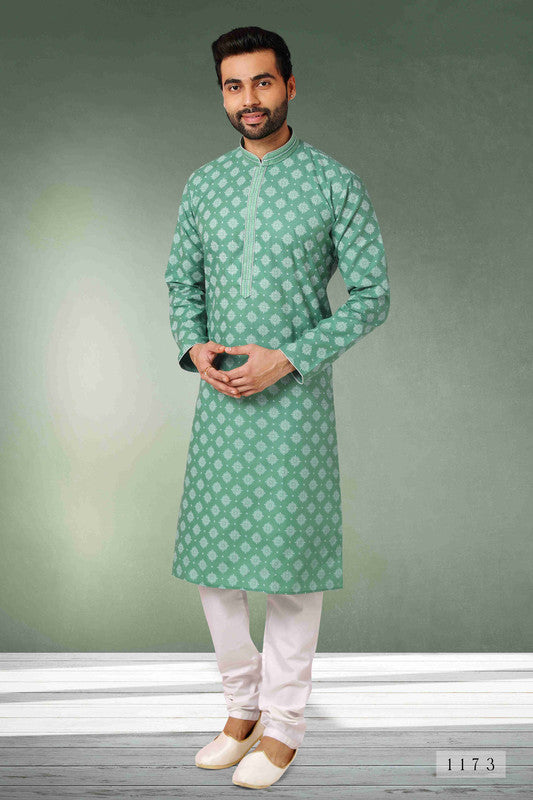 Men's Cotton Printed Work Kurta Pajama In Green Colour