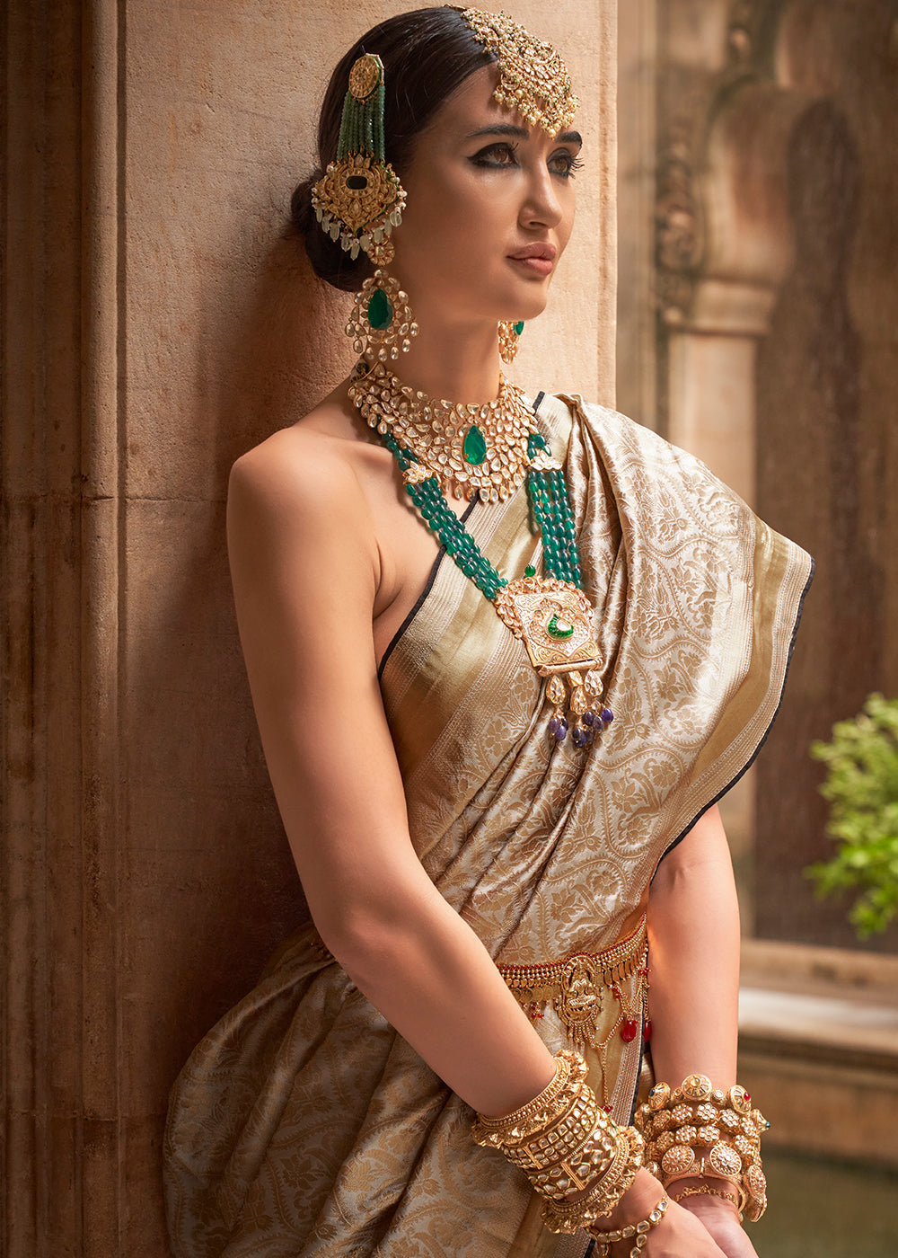 Beige Brown Zari Woven Banarasi Silk Saree - qivii