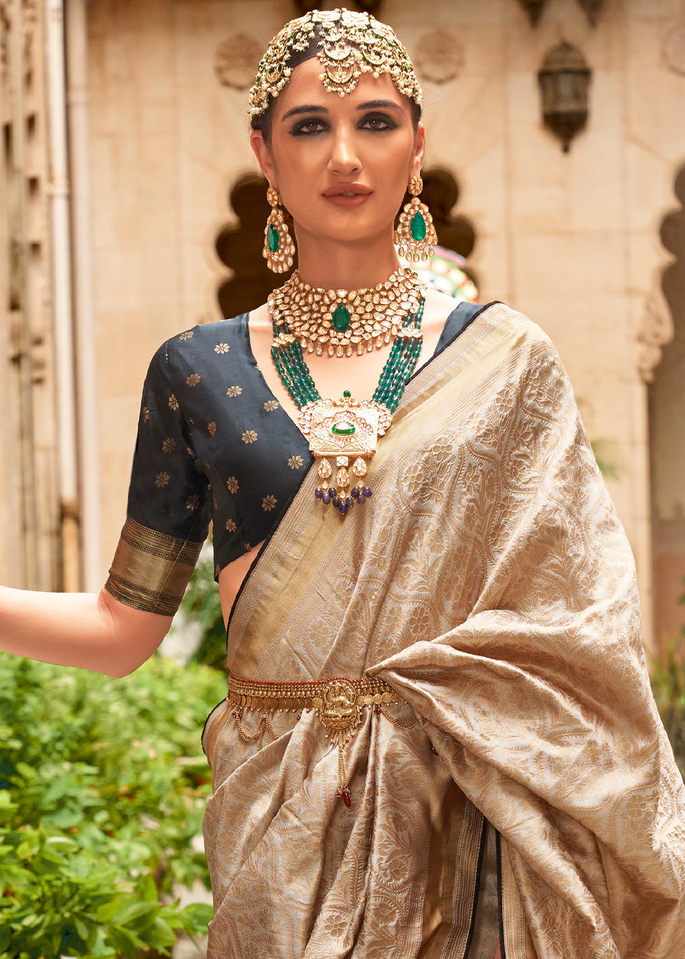 Beige Brown Zari Woven Banarasi Silk Saree - qivii