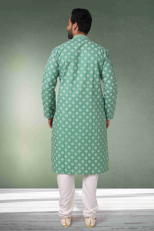 Men's Cotton Printed Work Kurta Pajama In Green Colour