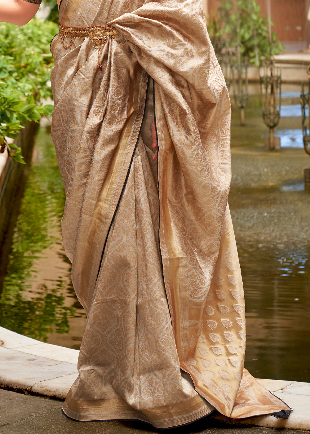 Beige Brown Zari Woven Banarasi Silk Saree - qivii