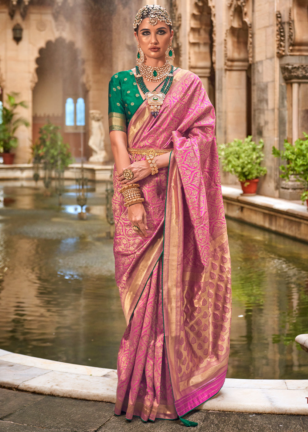 Bubblegum Pink Zari Woven Banarasi Silk Saree - qivii