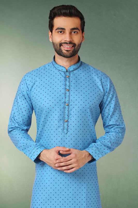 Men's Cotton Printed Work Kurta Pajama In Light Blue Colour