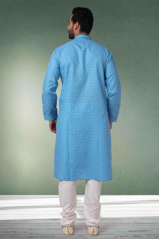 Men's Cotton Printed Work Kurta Pajama In Light Blue Colour