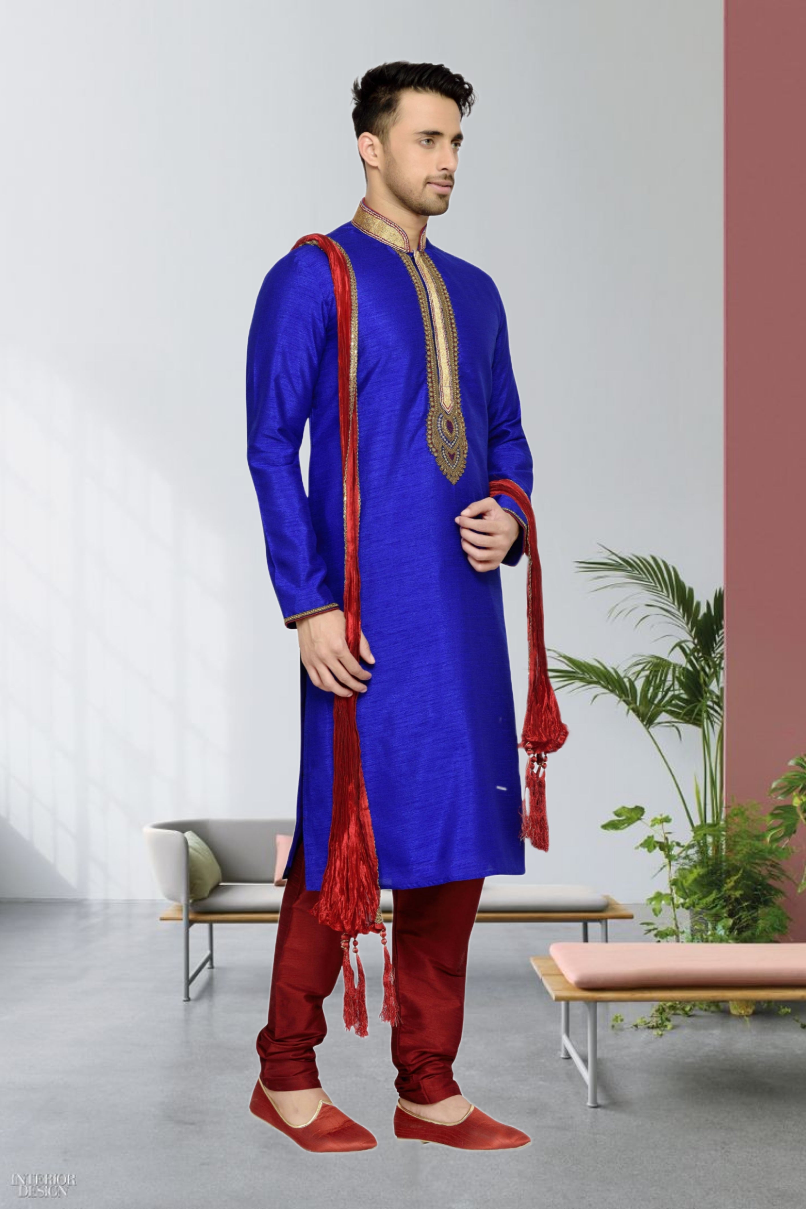 Men's Cotton Printed Work Kurta Pajama In Light Blue Colour