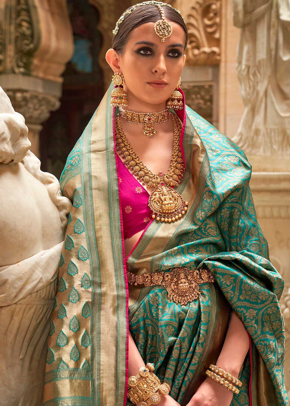 Teal Green Zari Woven Banarasi Silk Saree - qivii