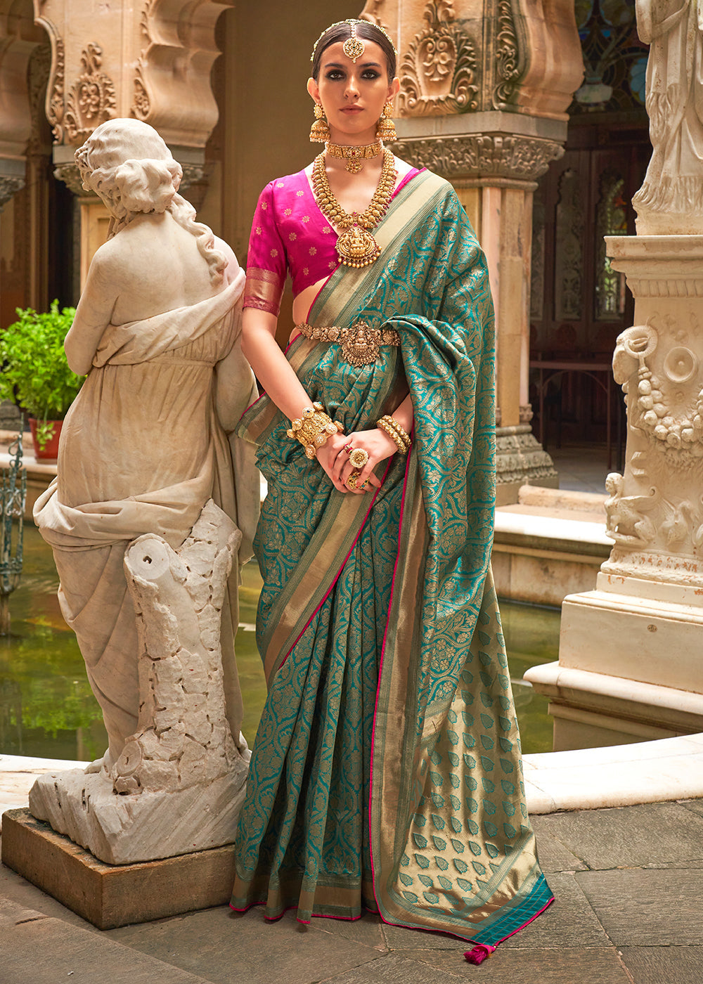 Teal Green Zari Woven Banarasi Silk Saree - qivii