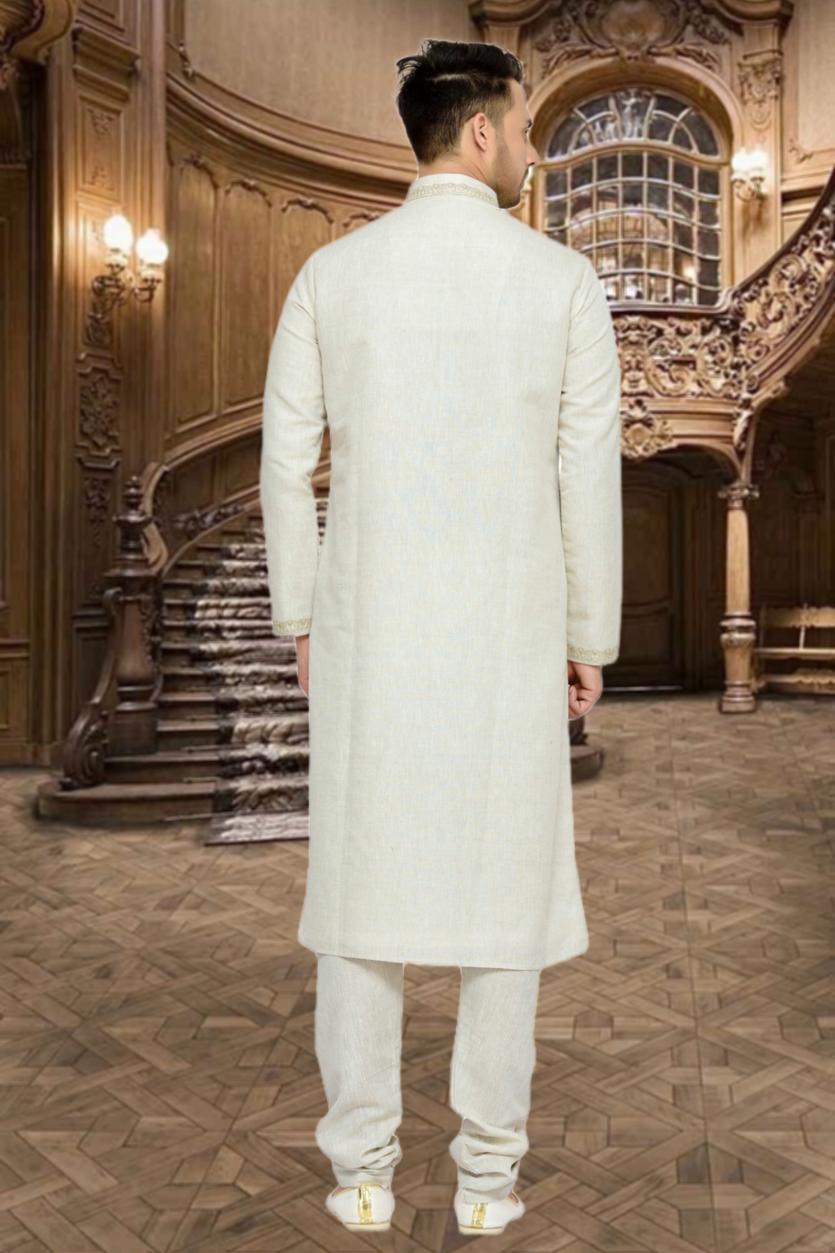 Men's Cotton Printed Work Kurta Pajama In Orange Colour