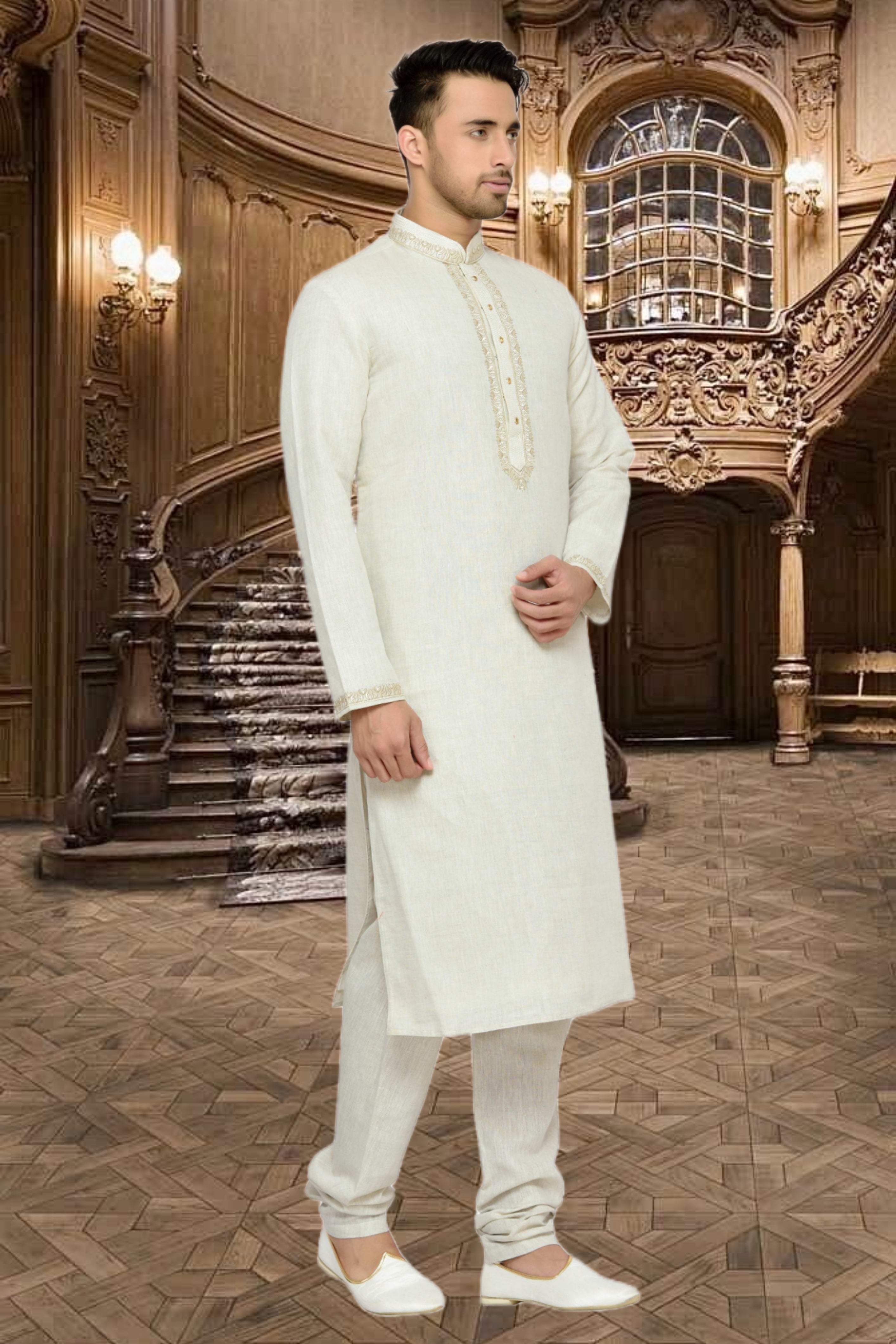 Men's Cotton Printed Work Kurta Pajama In Orange Colour