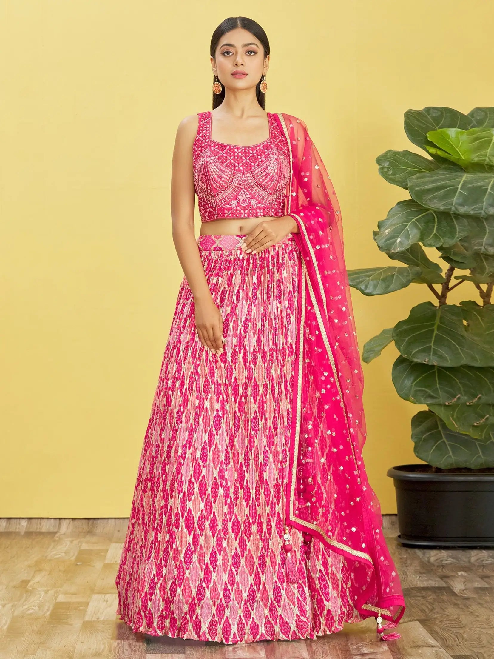Dark Pink Lehenga With Digital Print And Thread Zari Sequins Embroidery Real Mirror Work | Ready To Wear - qivii
