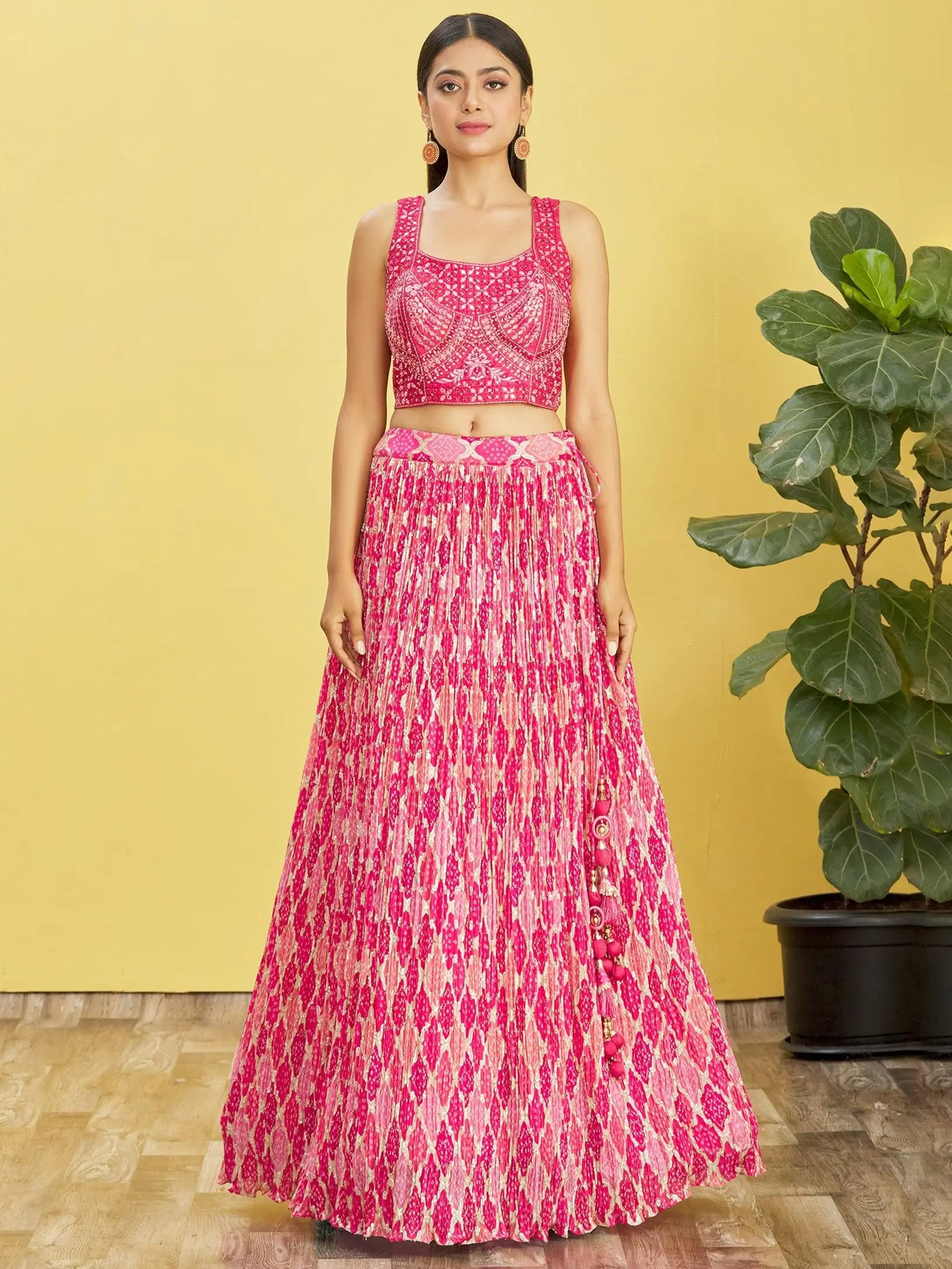 Dark Pink Lehenga With Digital Print And Thread Zari Sequins Embroidery Real Mirror Work | Ready To Wear - qivii