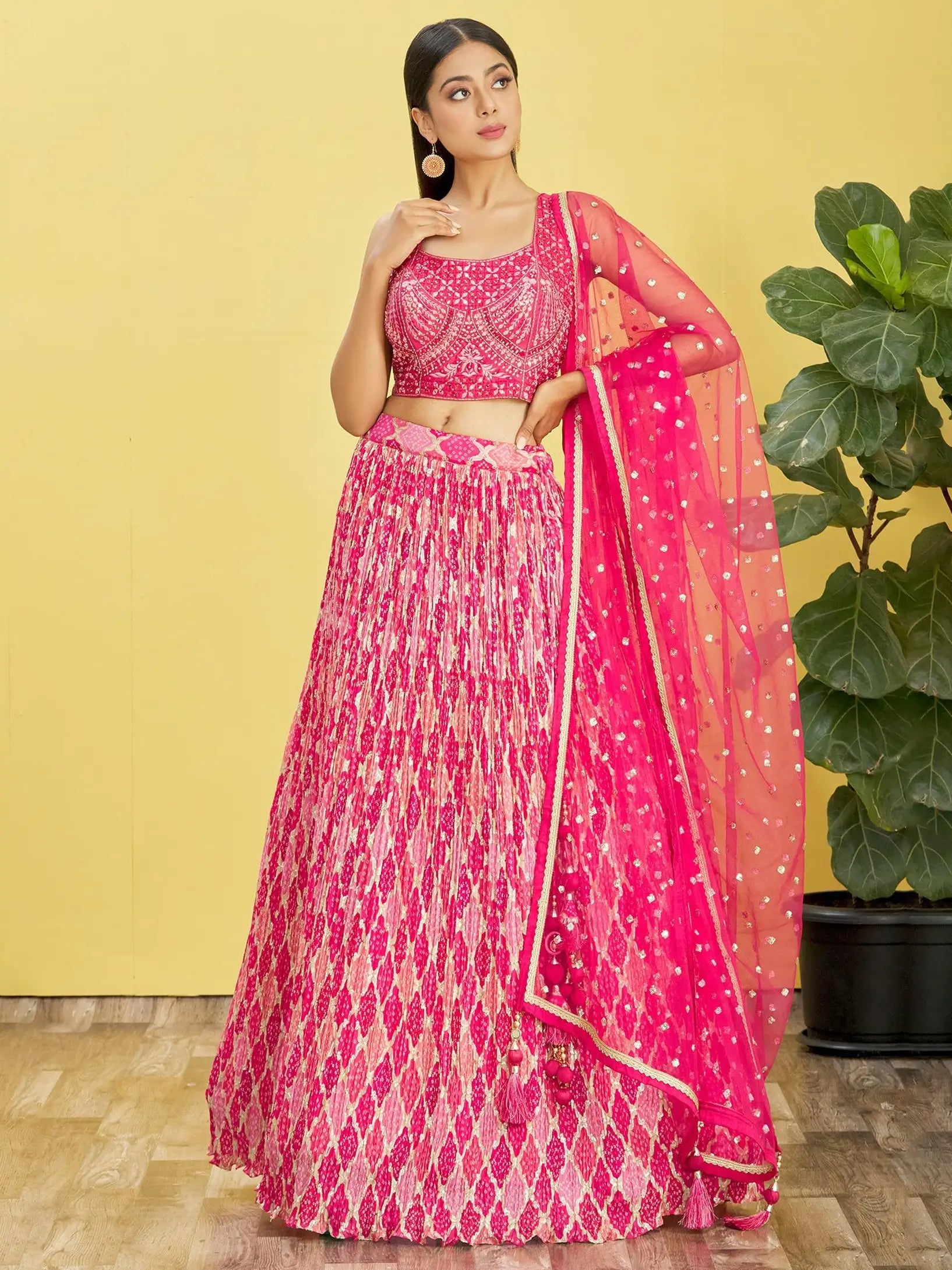 Dark Pink Lehenga With Digital Print And Thread Zari Sequins Embroidery Real Mirror Work | Ready To Wear - qivii