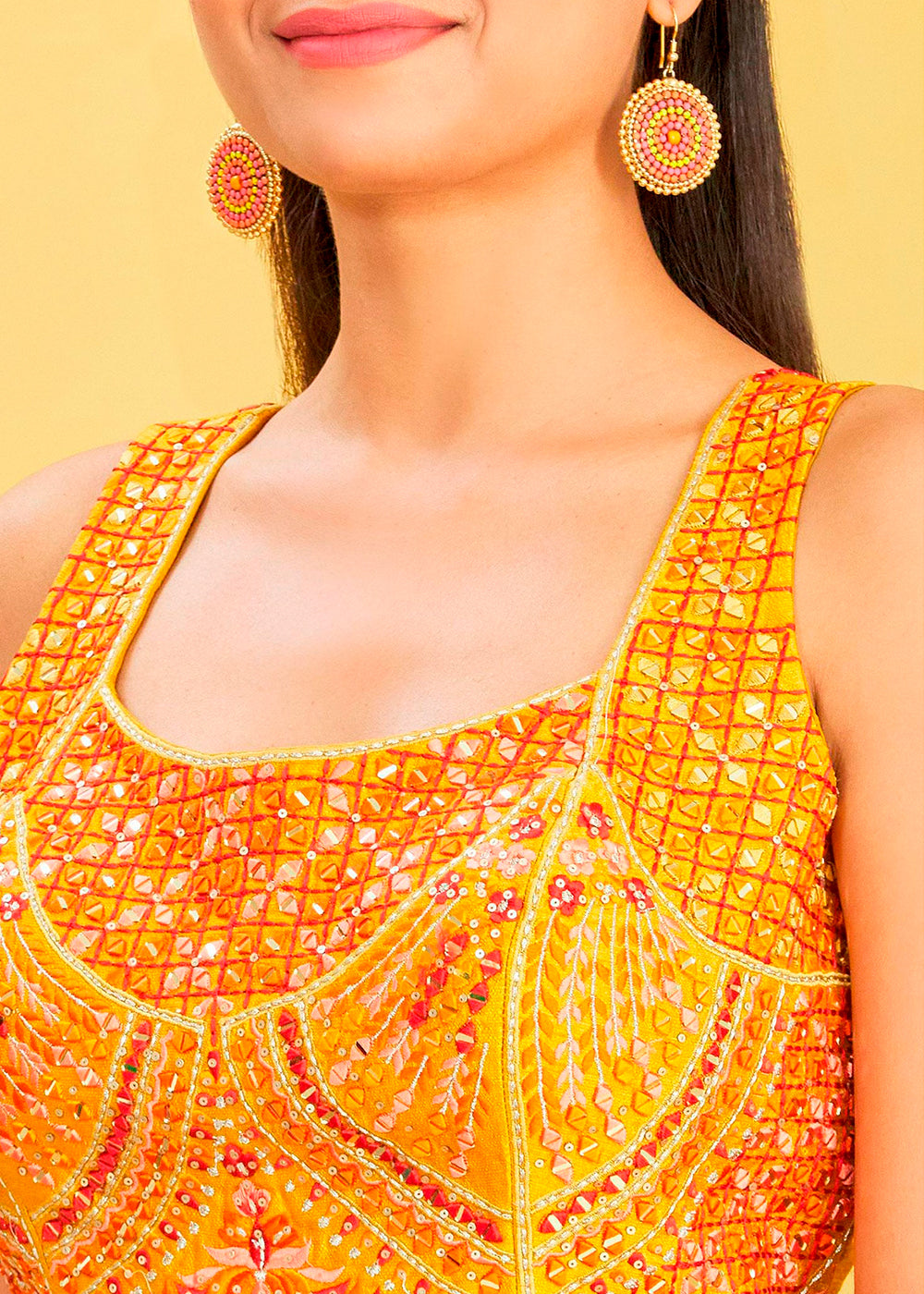 Saffron Yellow Digital Printed Chinnon Lehenga with Thread,Zari & Sequins Work | Ready To Wear - qivii