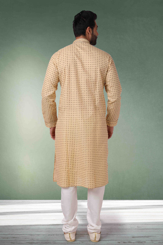 Men's Cotton Printed Work Kurta Pajama In Beige Colour