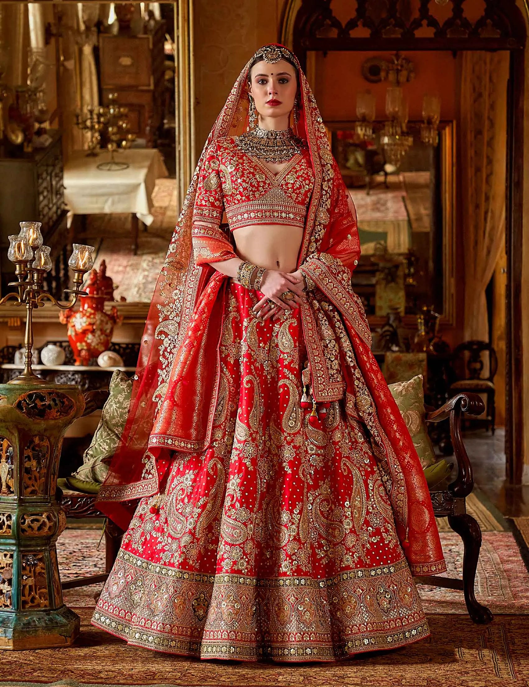 Bridal Red Heavy Embroidery & Pearl Work Lehenga - qivii