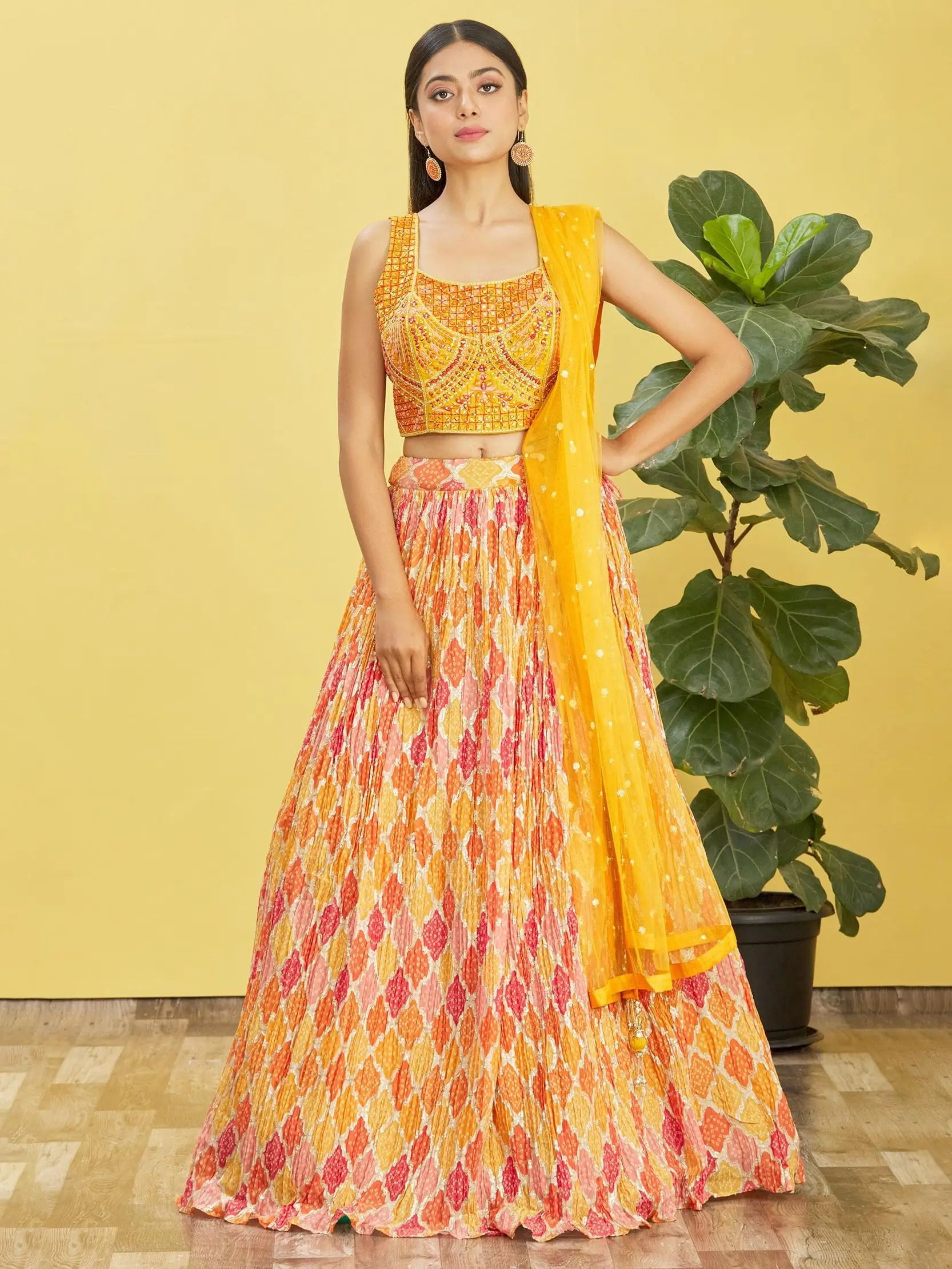 Yellow Lehenga With Digital Print And Thread Zari Sequins Embroidery Real Mirror Work | Ready To Wear - qivii