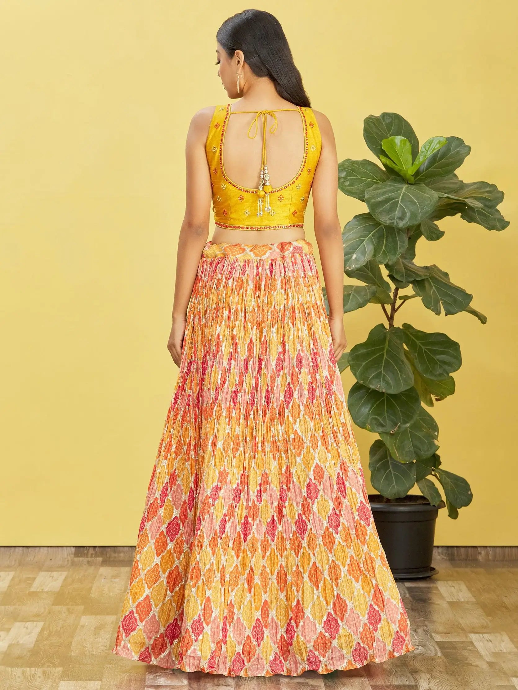 Yellow Lehenga With Digital Print And Thread Zari Sequins Embroidery Real Mirror Work | Ready To Wear - qivii