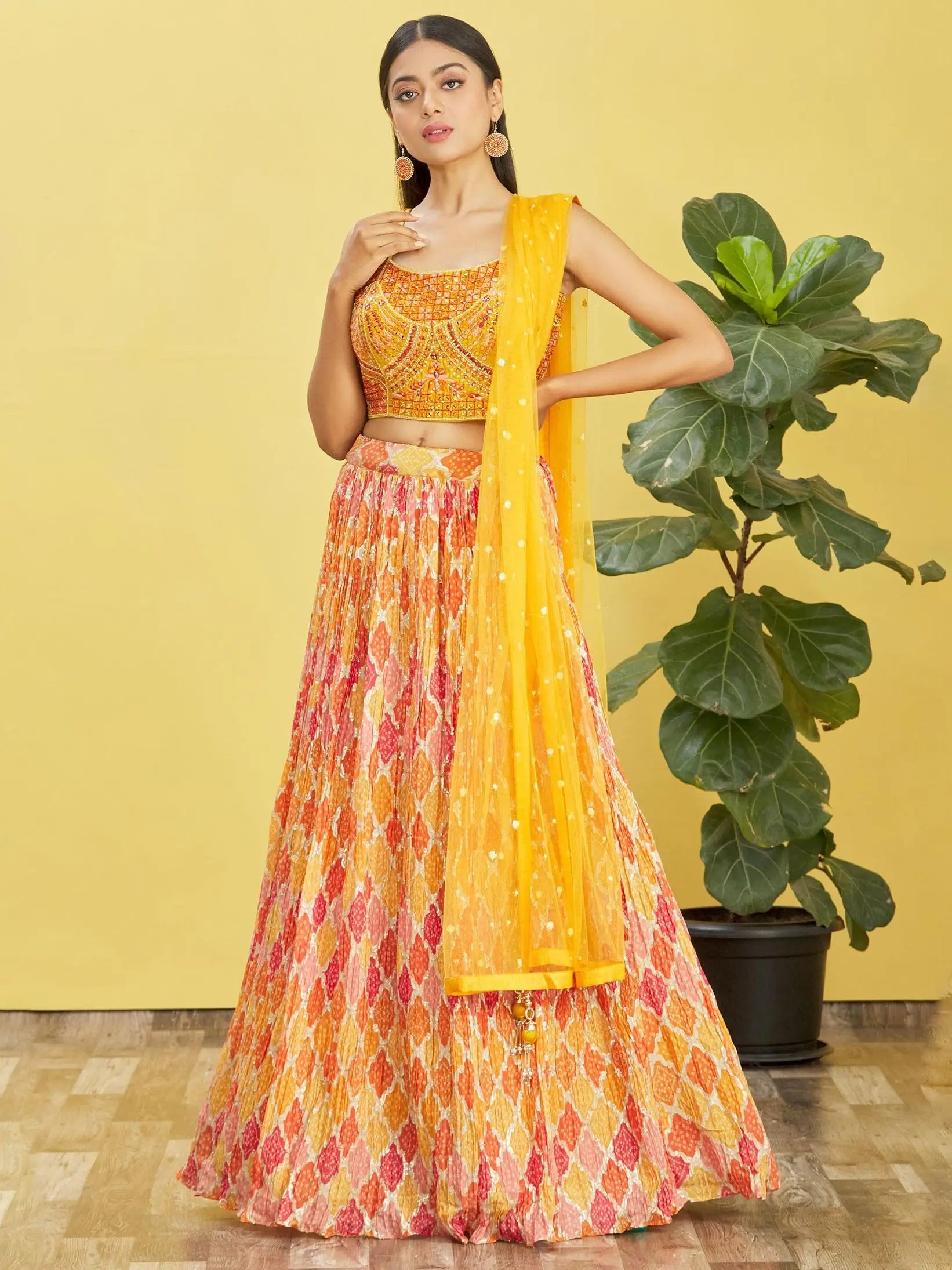 Yellow Lehenga With Digital Print And Thread Zari Sequins Embroidery Real Mirror Work | Ready To Wear - qivii