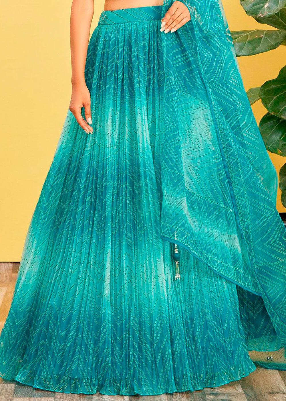 Shades Of Blue Digital Printed Organza Lehenga with Thread,Zari & Sequins Work | Ready To Wear - qivii