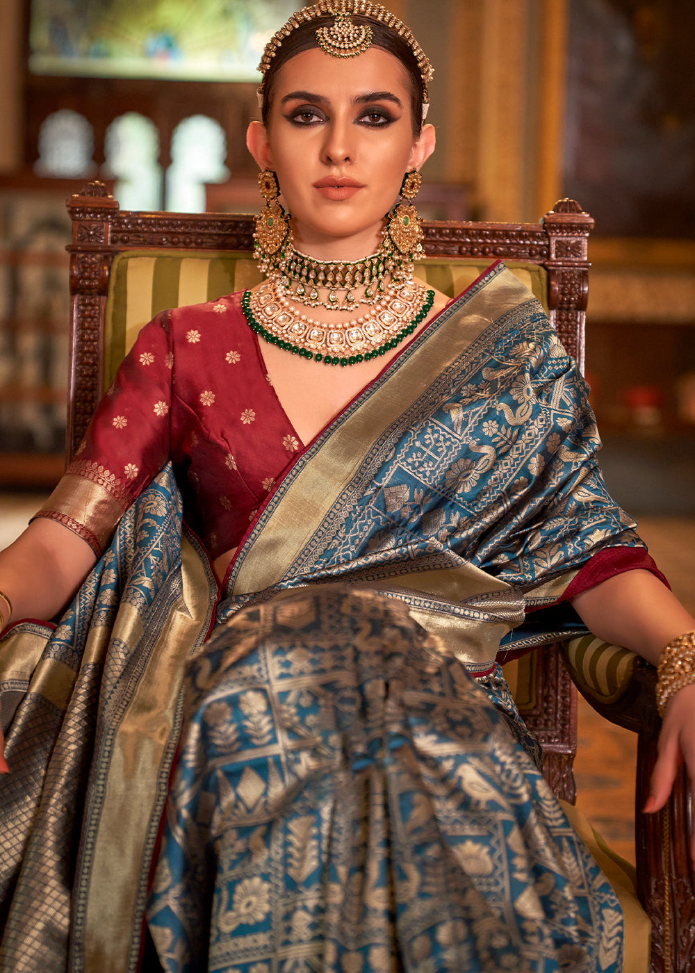 Dodger Blue Zari Woven Banarasi Silk Saree - qivii