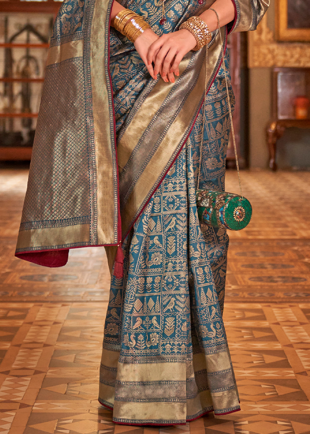 Dodger Blue Zari Woven Banarasi Silk Saree - qivii