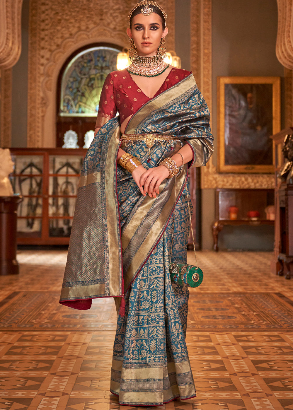 Dodger Blue Zari Woven Banarasi Silk Saree - qivii