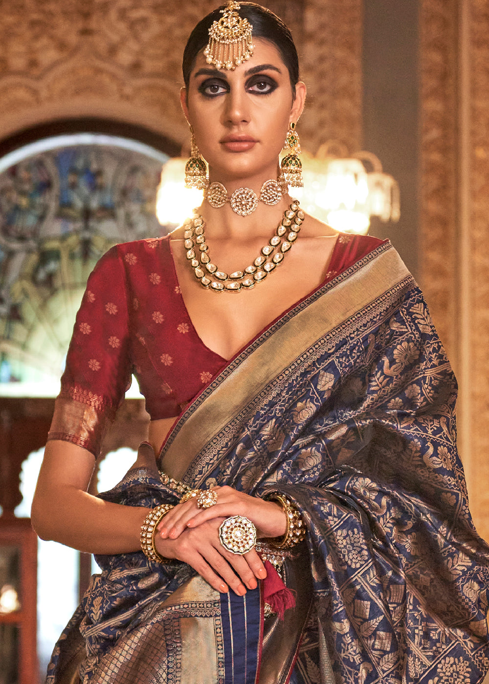 Denim Blue Zari Woven Banarasi Silk Saree - qivii