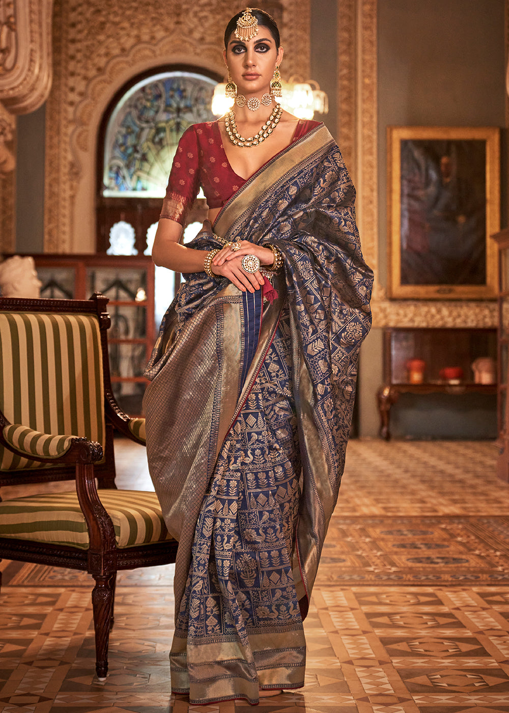Denim Blue Zari Woven Banarasi Silk Saree - qivii
