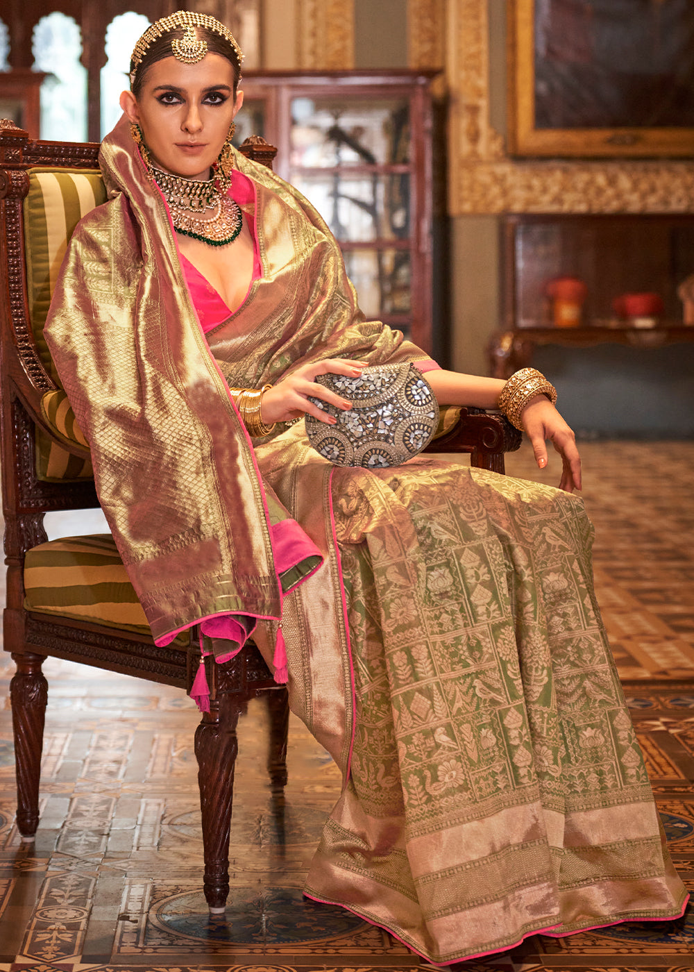 Light Green Zari Woven Banarasi Silk Saree - qivii