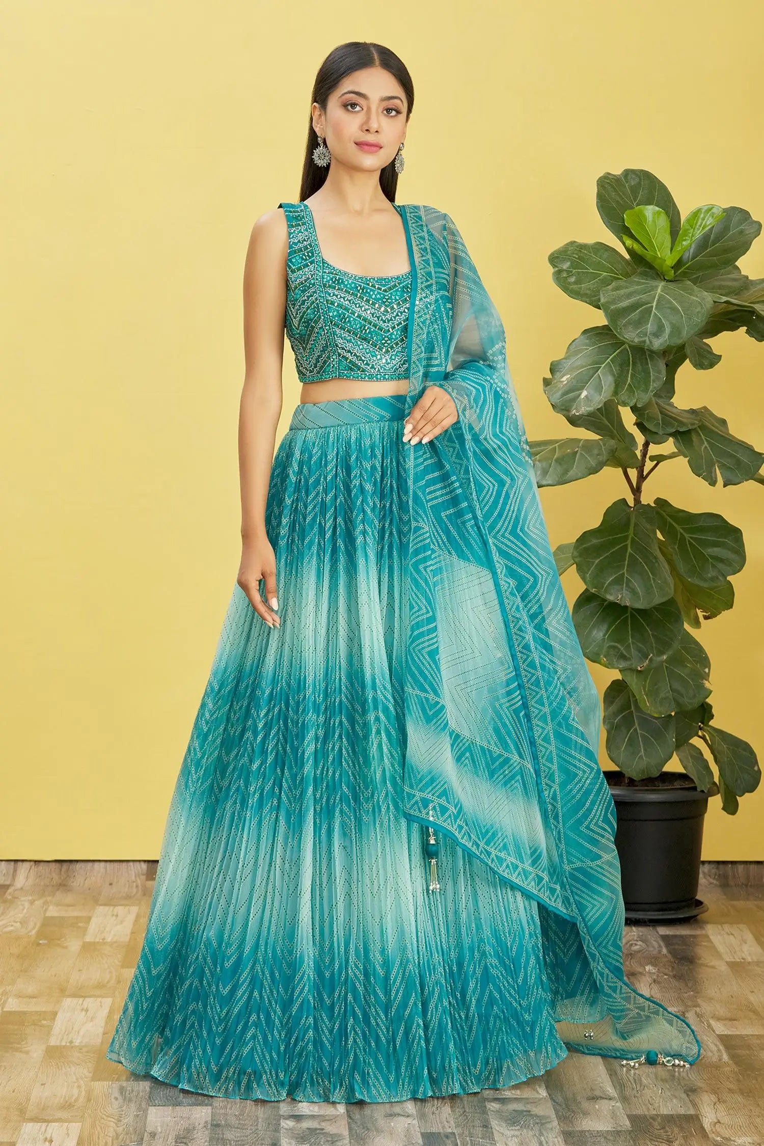 Deep Sea Green Lehenga With Digital Print And Sequins Embroidery With Real Mirror Work | Ready To Wear - qivii