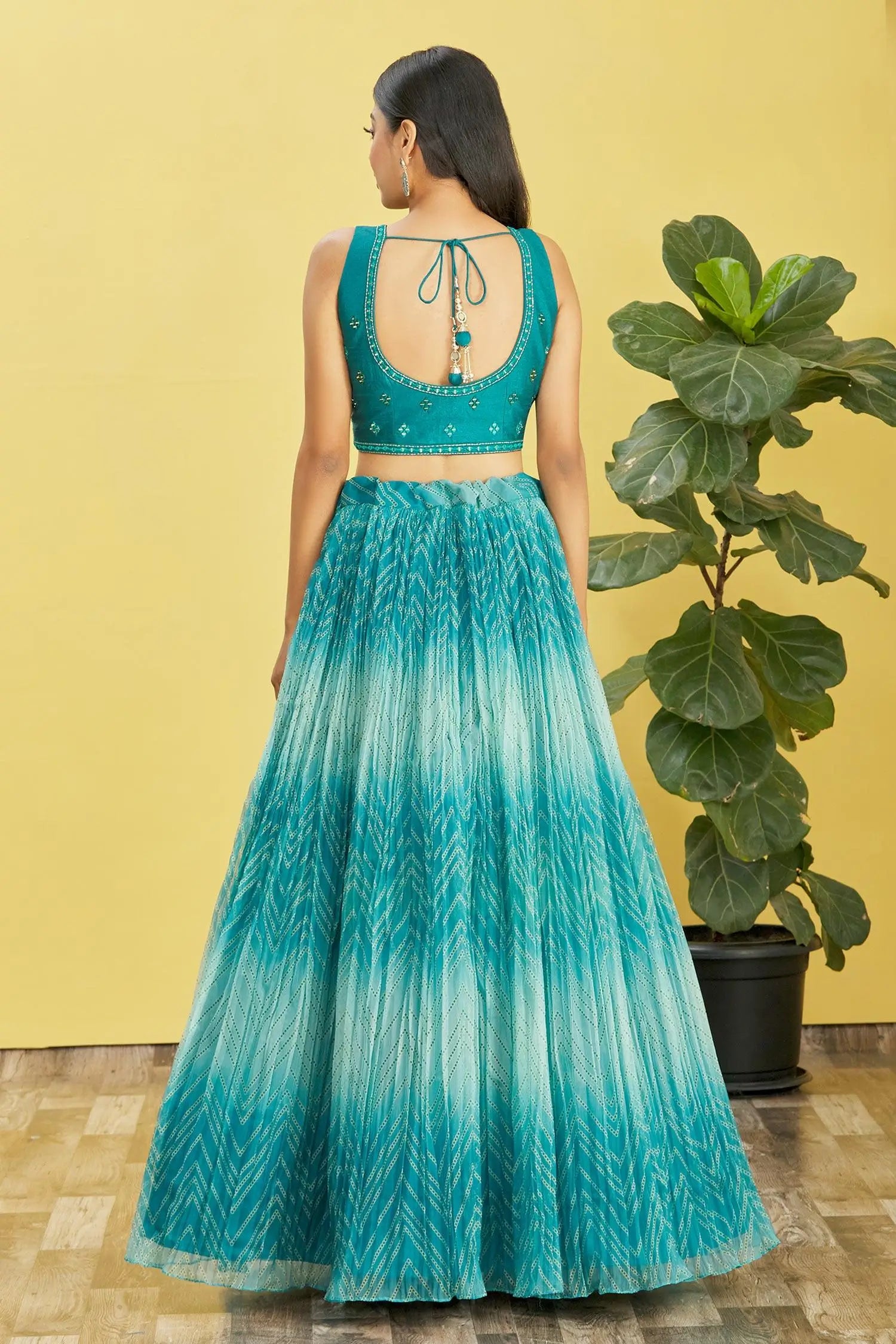 Deep Sea Green Lehenga With Digital Print And Sequins Embroidery With Real Mirror Work | Ready To Wear - qivii