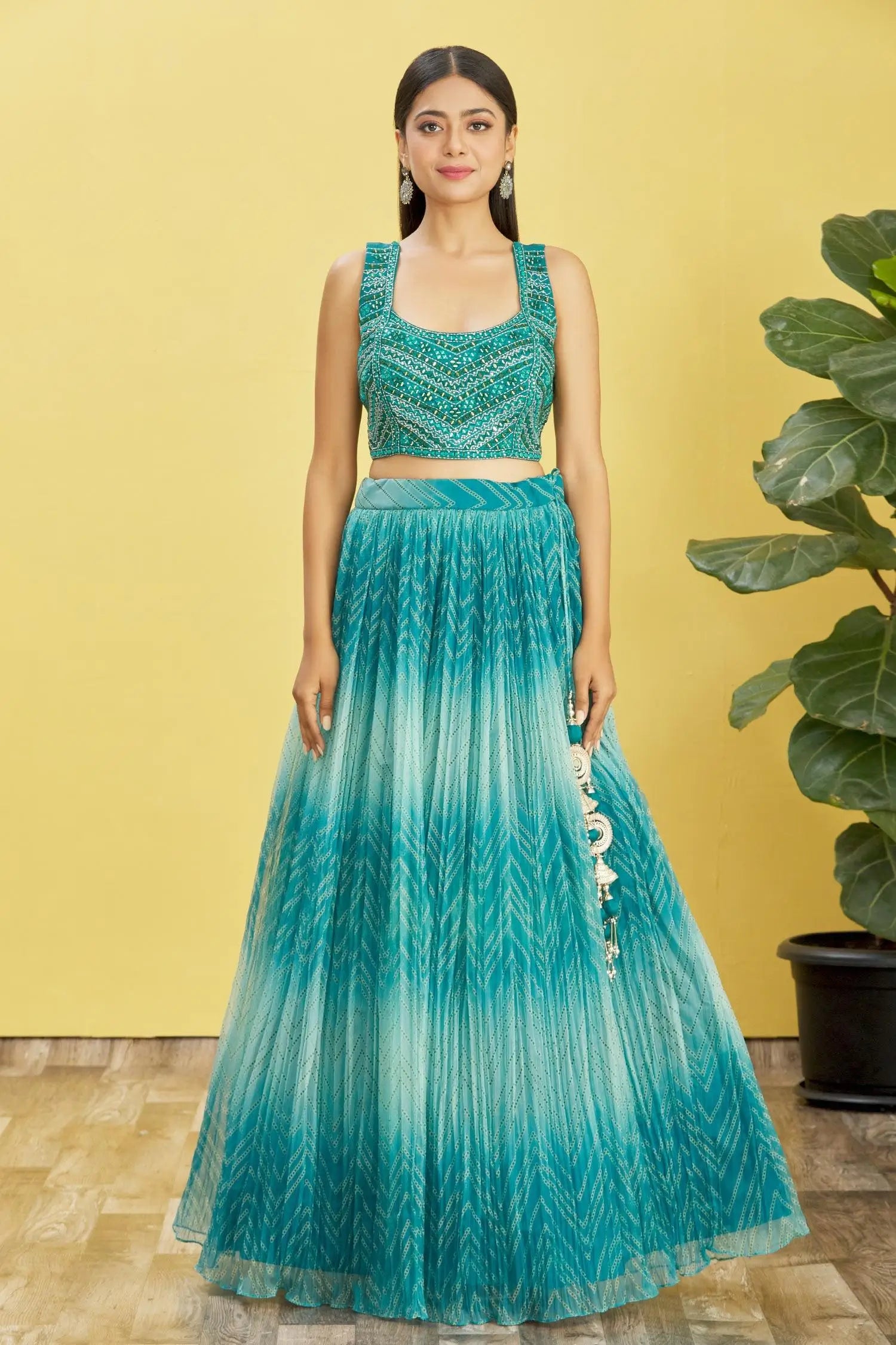 Deep Sea Green Lehenga With Digital Print And Sequins Embroidery With Real Mirror Work | Ready To Wear - qivii