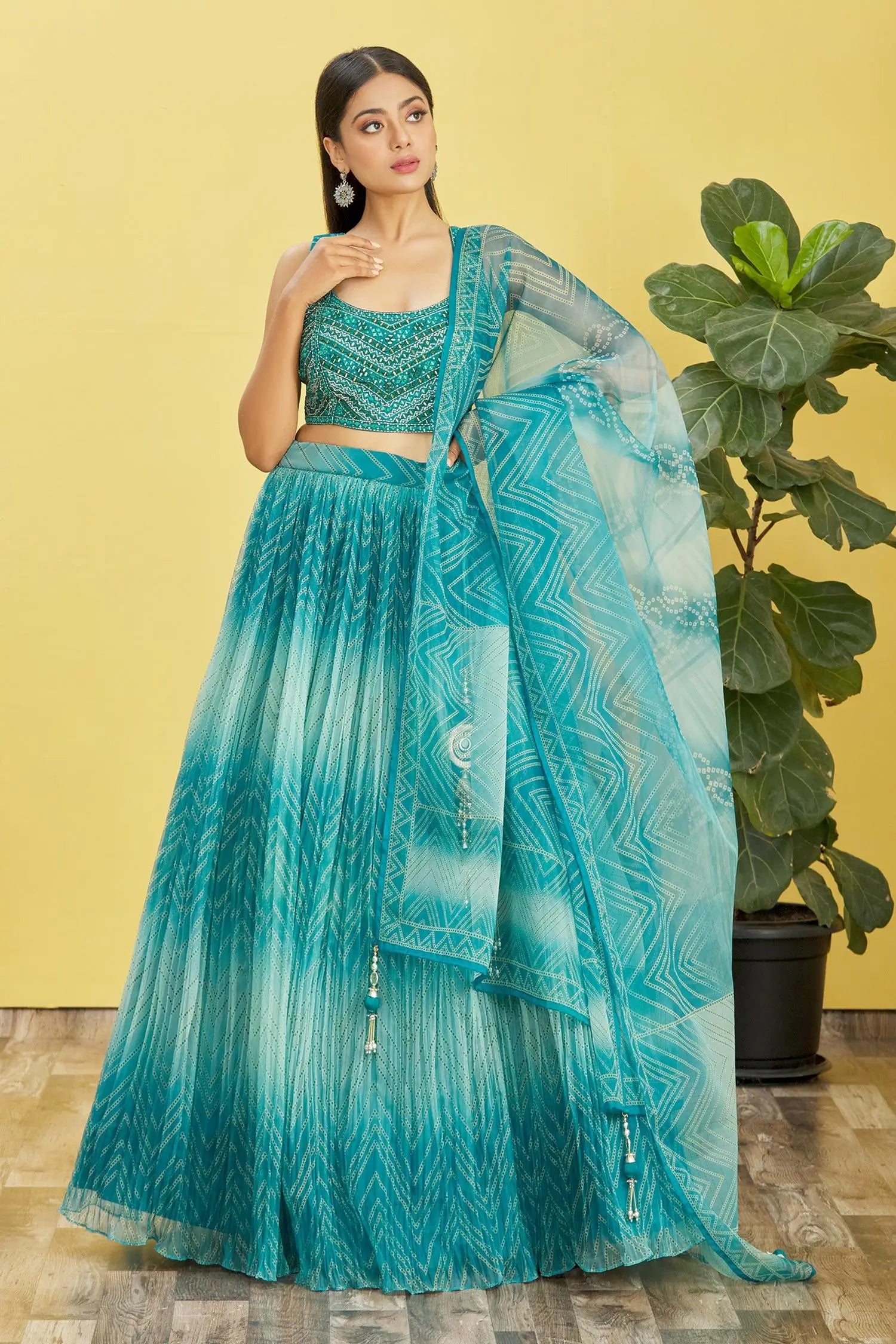 Deep Sea Green Lehenga With Digital Print And Sequins Embroidery With Real Mirror Work | Ready To Wear - qivii