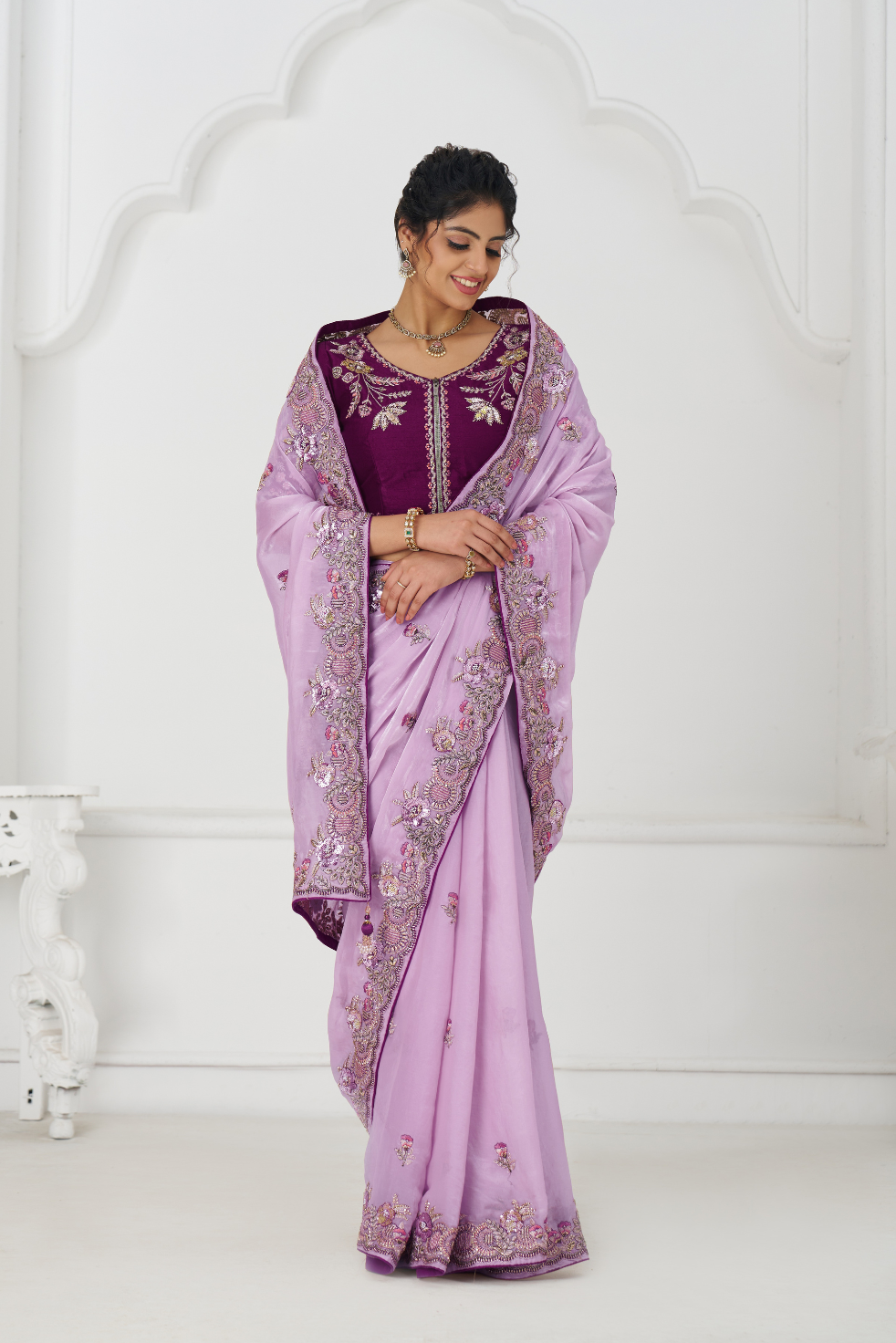 Mauve Color Saree In Zari & Sequin Work On Luxurious Fendi Fabric - qivii